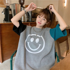 Real shot loose short sleeve T-shirt mid length summer print stitching fat mm half sleeve top