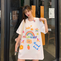 Real summer Cute Cartoon Bear rainbow Sequin graffiti hand painted age reducing T-shirt