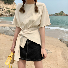 Real shot spandex short sleeve T-shirt women's short irregular smart top