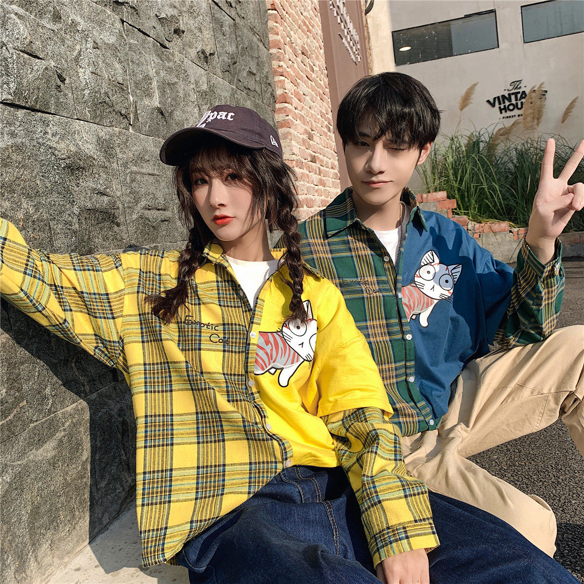 Real shot Spring Long Sleeve Plaid stitching shirt lovers' loose polo collar shirt