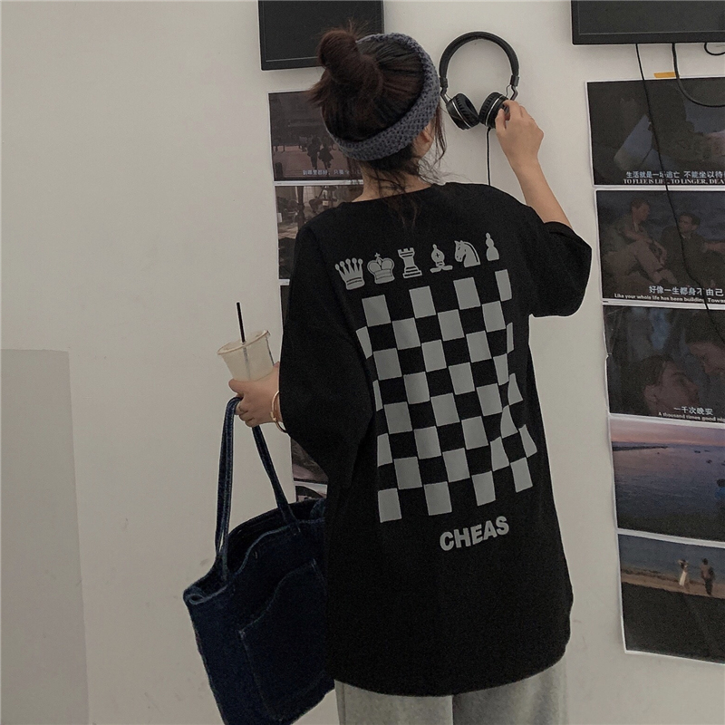 Real shot 6535 Cotton Street national trend dark chessboard short sleeve women's T-shirt yuan Sufeng BF top