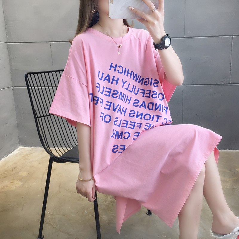 Real shot short sleeve T-shirt women's summer new open back medium length top student large women's dress