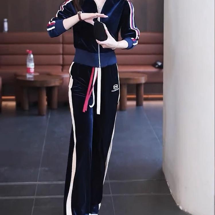 金丝绒套装女高端女人味2025年新款显瘦拉链卫衣外套阔腿裤两件套