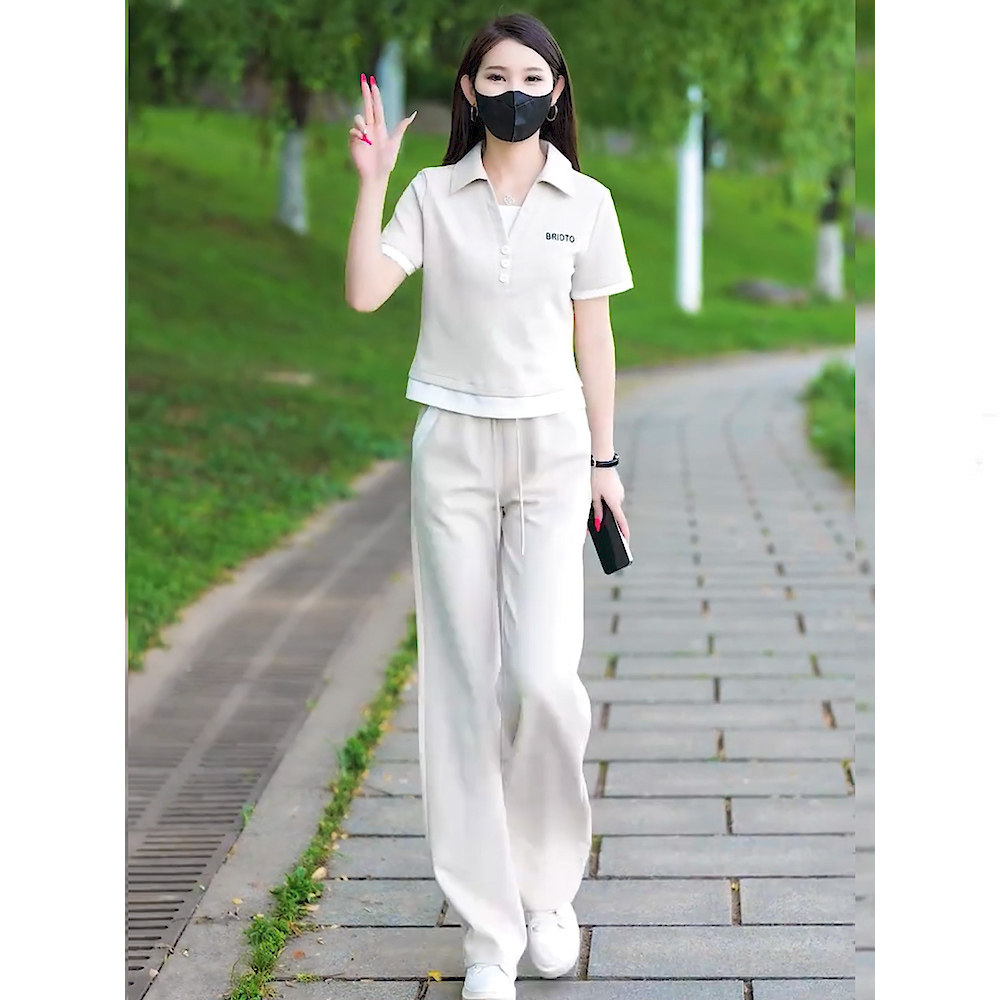 夏季显瘦翻领短袖女装两件套
