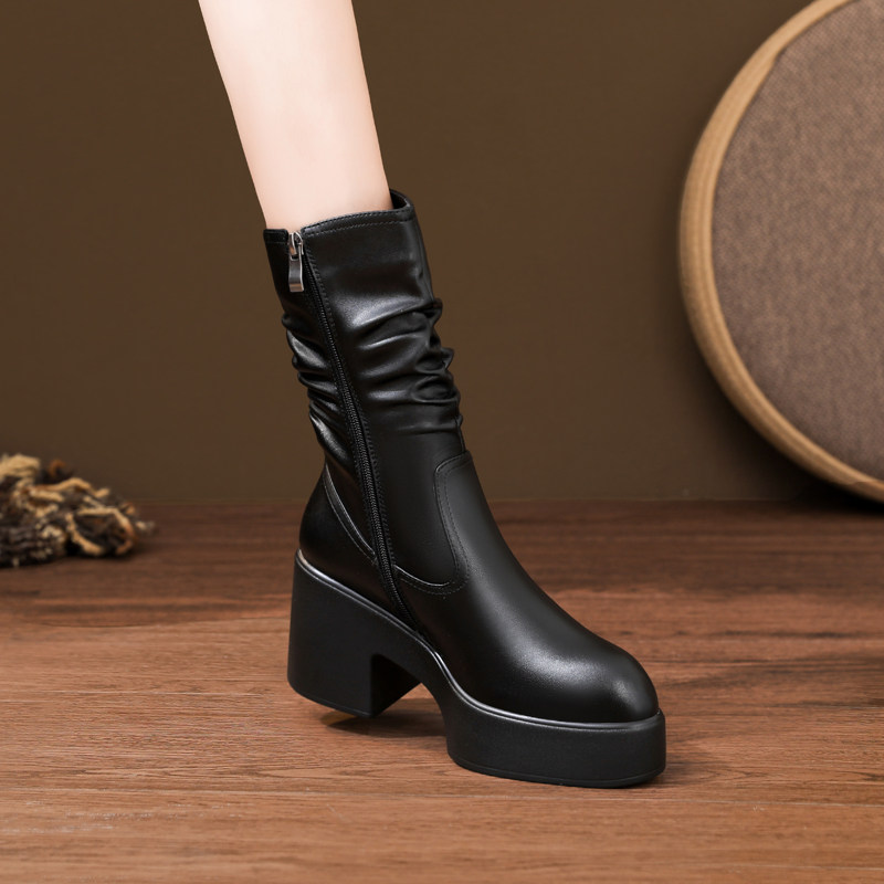 8.5cm真皮厚底高跟短靴女秋冬新款小个子增高时尚百搭粗跟马丁靴,女鞋,时装靴,淘宝优惠券,粉丝福利购,淘宝优惠卷