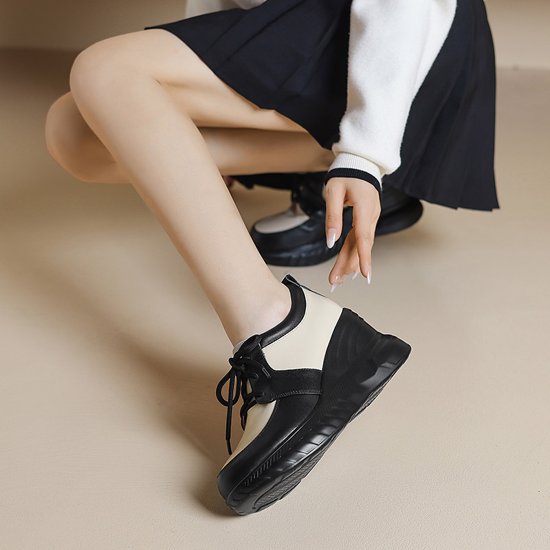 葡萄家手工女鞋8.5cm真皮坡跟休闲拼色系带圆头春秋季新款女单鞋