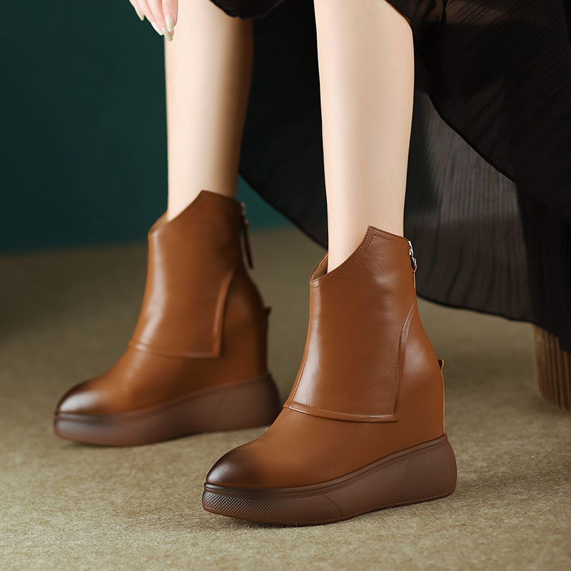 欧洲站12cm真皮秋冬内增高短靴女棕色复古尖头厚底马丁靴坡跟单靴