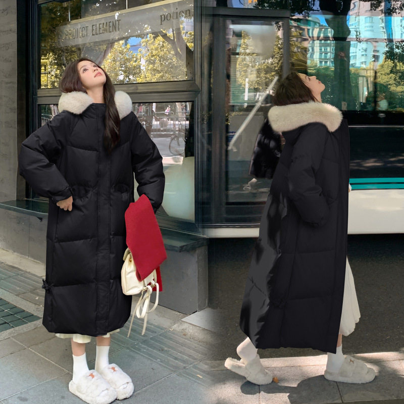 2024新款大毛领中式羽绒棉服女中长款棉袄外套加厚盘扣宽松棉衣潮