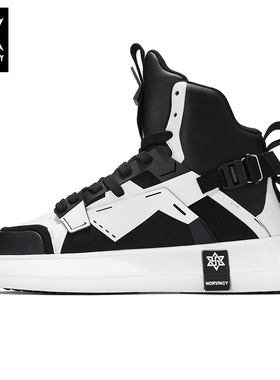 诺凡希秋冬潮牌机甲重磅板鞋男女黑白拼色美式皮革拼接厚底增高鞋