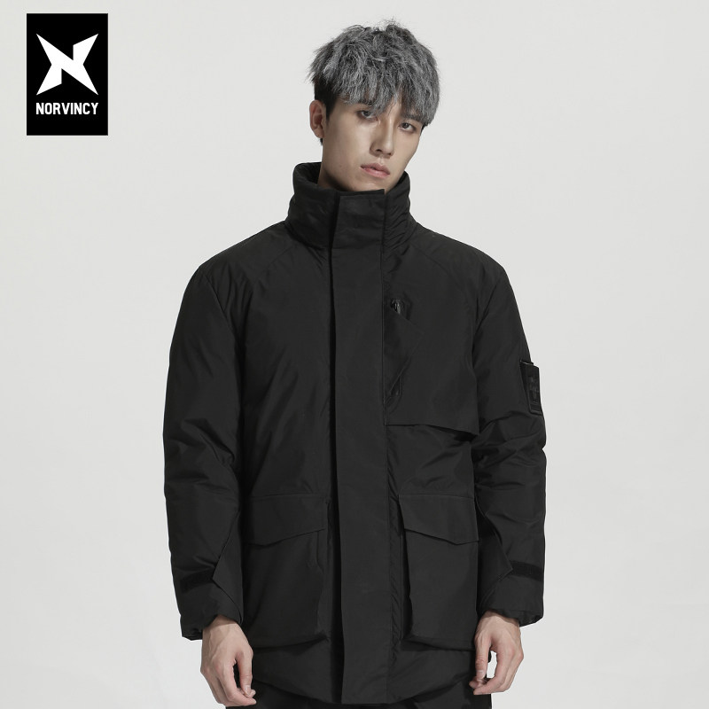 连帽羽绒服男多口袋潮流纯色外套