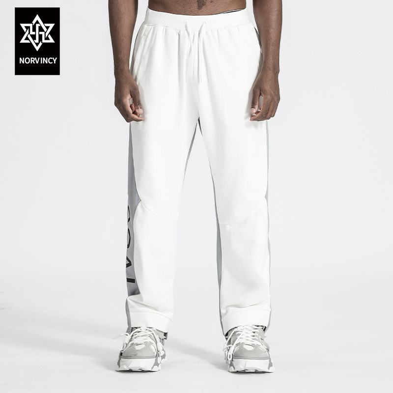 诺凡希 休闲裤男潮流百搭拼色时尚品牌logo印花宽松运动直筒长裤