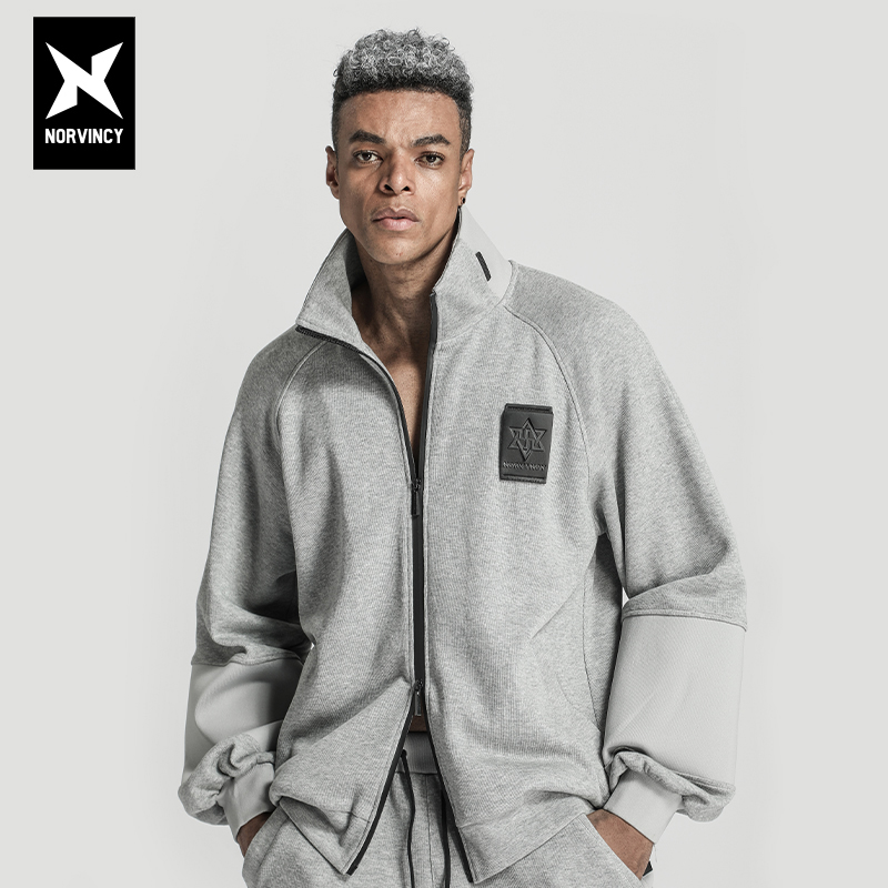 诺凡希/春秋立领卫衣男纯色宽松休闲徽章运动服双向拉链开衫外套