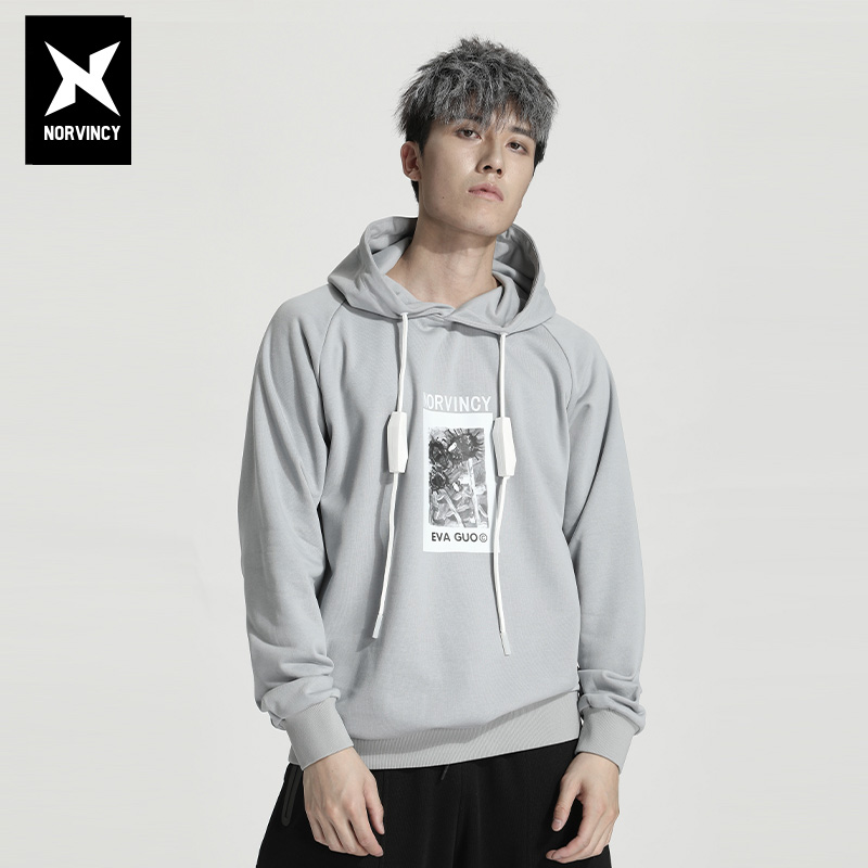 诺凡希^休闲卫衣春秋款国潮字母连帽黑色宽松套头运动长袖帽衫男