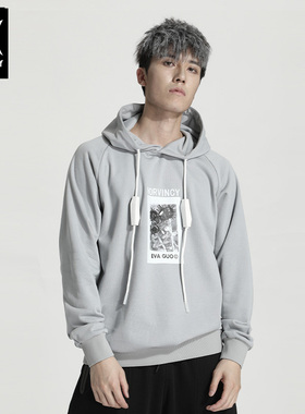 诺凡希^休闲卫衣春秋款国潮字母连帽黑色宽松套头运动长袖帽衫男