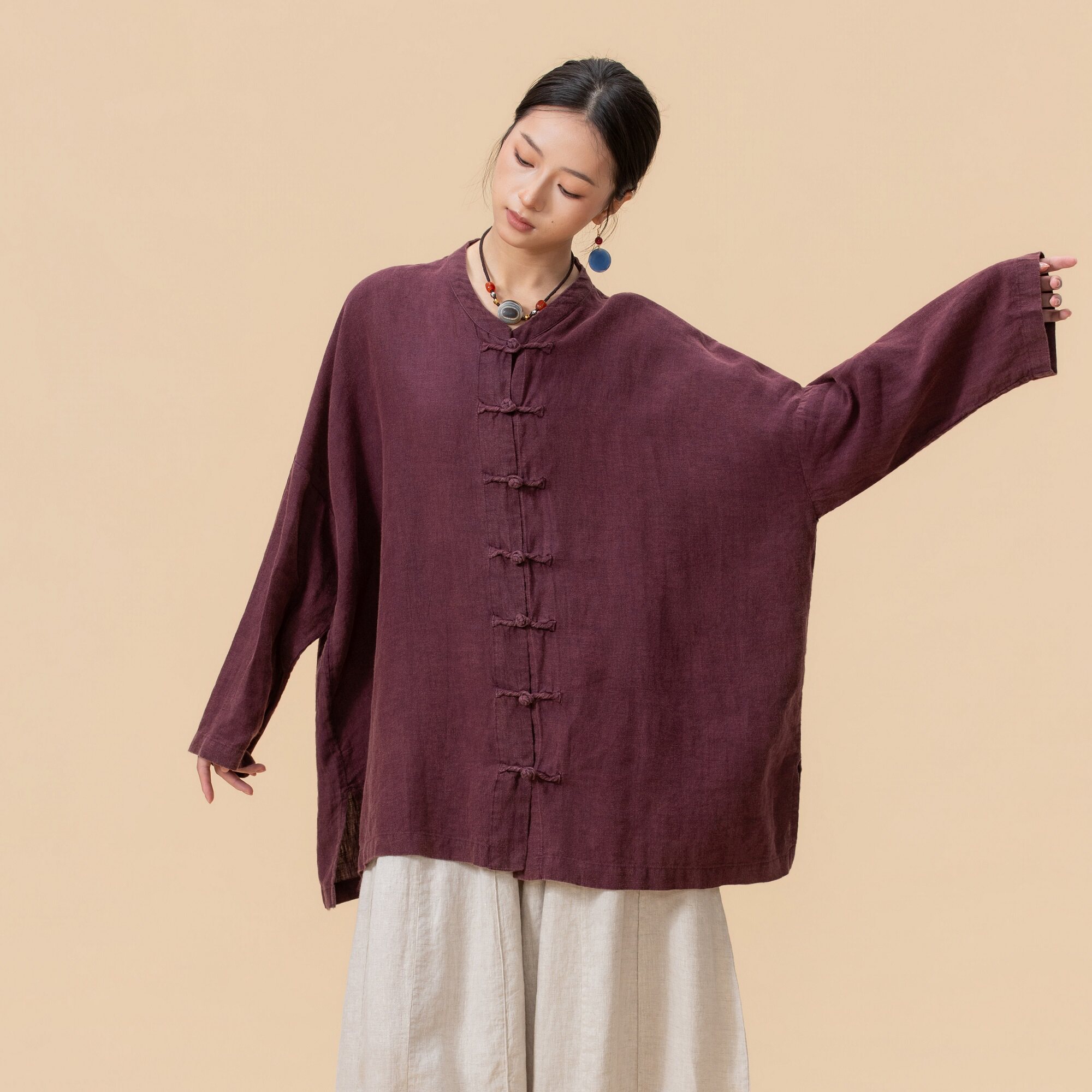 【以之】设计师品牌原创亚麻小立领麻花一字盘扣上衣复古大码小衫
