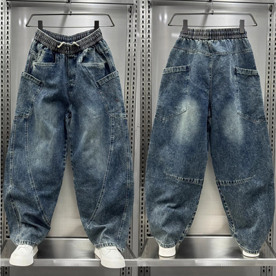 男士春秋季新款弯刀牛仔裤时尚高街美式休闲宽松直筒阔腿哈伦裤子