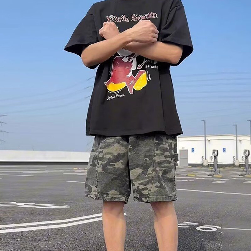 夏季新款迷彩牛仔短裤男女款水洗牛仔裤