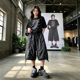 美式七分裤男女款夏季薄款裤子休闲宽松八分裤山本风阔腿工装短裤