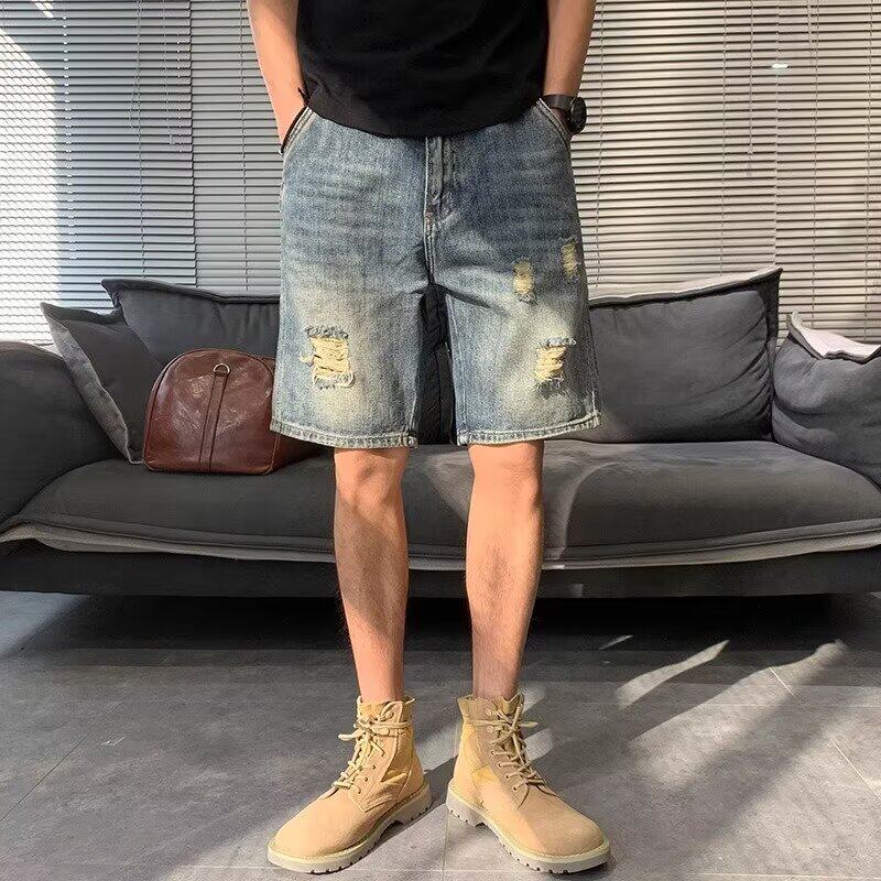五分破洞牛仔短裤男韩版宽松修身夏季薄款复古七分休闲直筒中裤男
