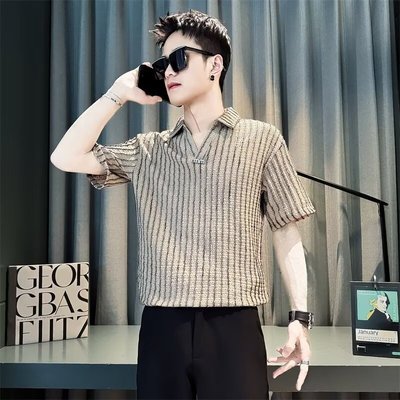 polo衫男士短袖条纹潮牌t恤2025新款高级感潮牌痞帅V领男装上衣服