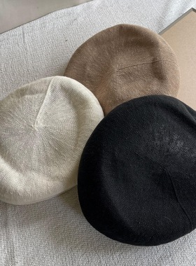 进口亚麻贝雷帽帽子女春夏轻薄透气画家帽复古百搭防晒蓓蕾帽潮男