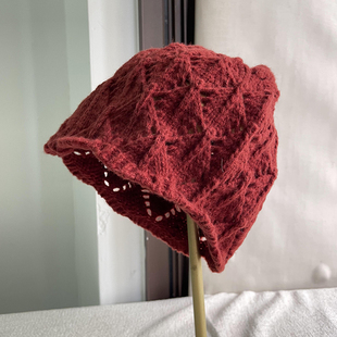 红色毛线帽羊毛包头帽女秋冬天韩版百搭高级感帽子大头围堆堆帽