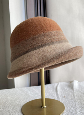 帽子女秋冬羊毛呢拼色卷边渔夫帽时尚百搭可折叠礼帽复古保暖盆帽