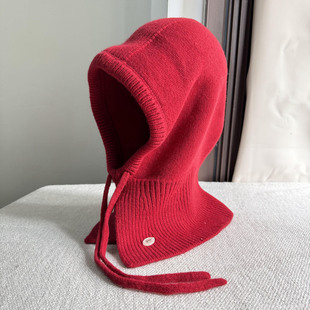 法式红色巴拉克拉法帽子冬天羊毛防风一体帽女保暖围脖针织帽围巾