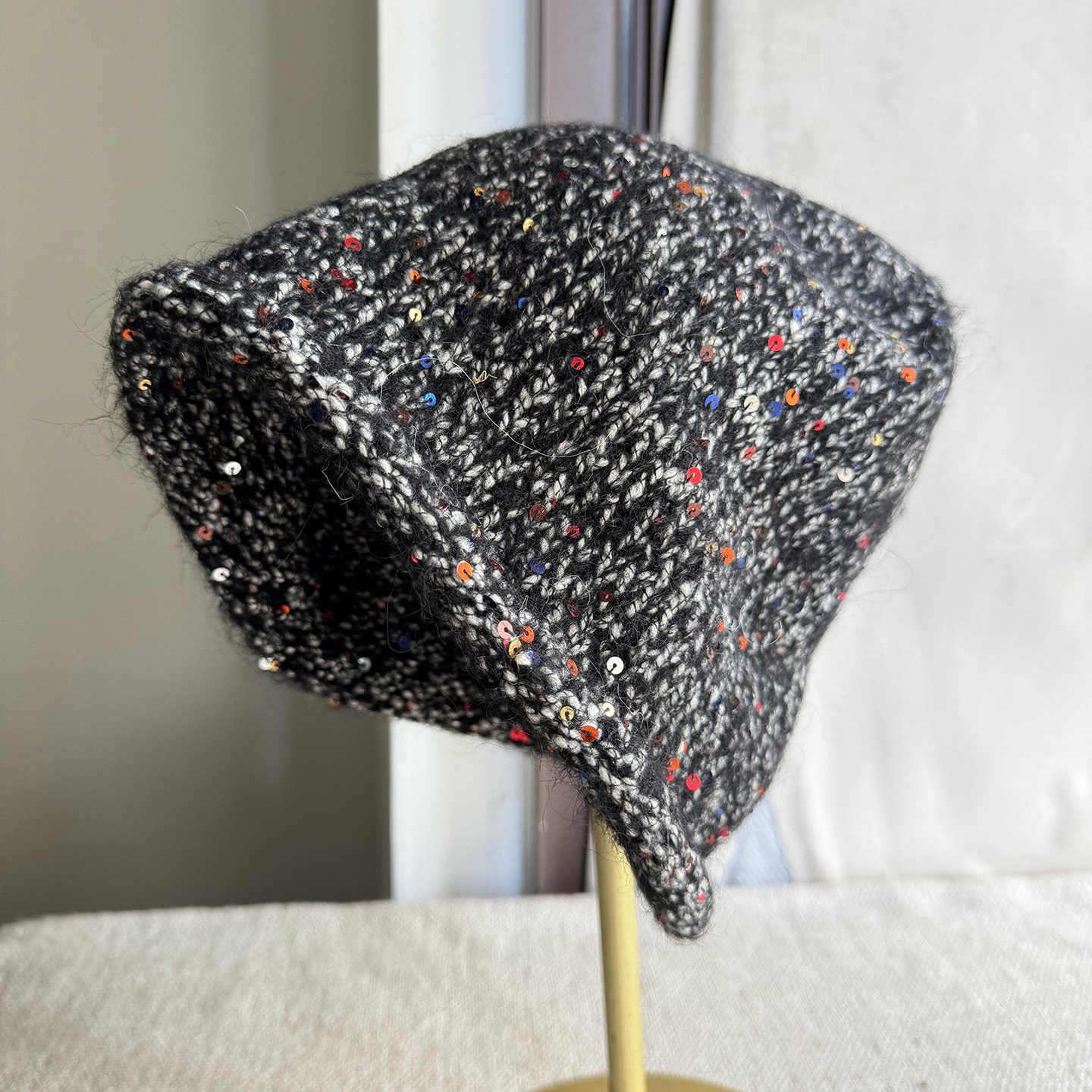 秋冬亮片堆堆帽子女羊驼毛针织套头帽复古百搭大头围保暖包头帽潮