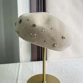 日系纯羊毛米色手工水钻贝雷帽子女秋冬时尚 百搭保暖洋气蓓蕾帽潮