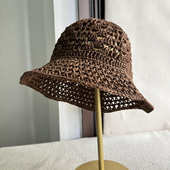 出日本单咖色镂空草帽女春夏草编钩针渔夫帽百搭夏季 度假时尚 盆帽