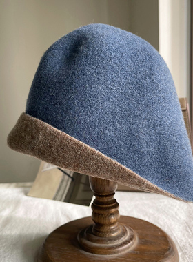 日系蓝色纯羊毛双面澳毛水桶帽子女式气质复古时尚百搭可卷边盆帽