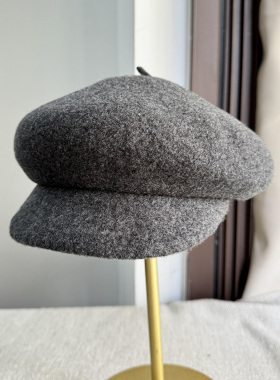 灰色羊毛羊绒八角帽子女秋冬复古日系报童帽黑色显脸小画家帽保暖