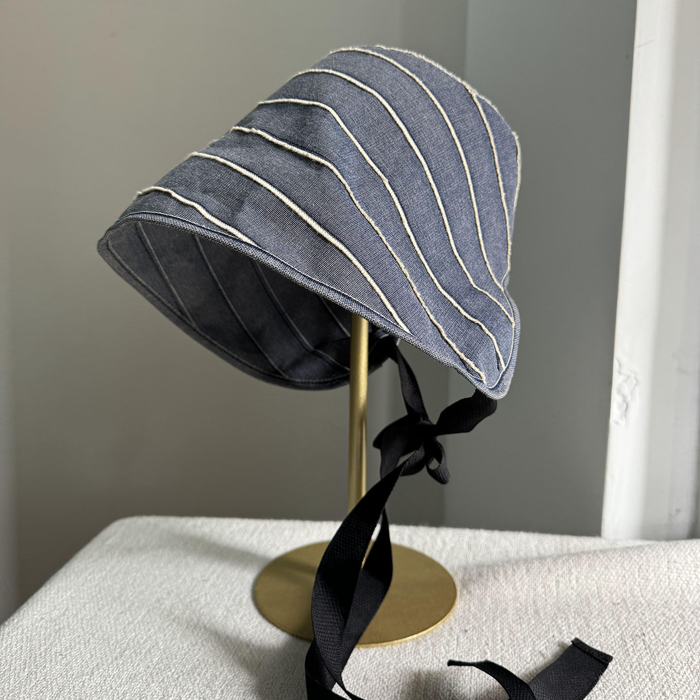 蓝色条纹帽子女时尚洋气渔夫帽遮阳帽户外蛋卷太阳帽防晒帽萝莉帽