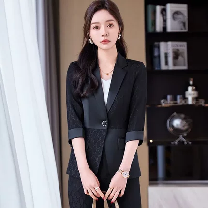 高端黑色醋酸缎面西装外套女夏季薄款高级感小个子七分袖西服套装