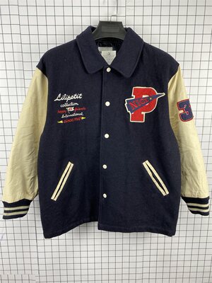 古着vintage原宿街头嘻哈宽松中古真皮袖夹克刺绣毛呢棒球服B12