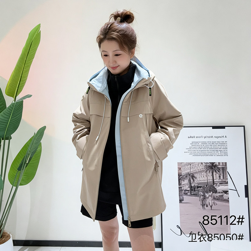 金影奇春季新款连帽风衣外套宽松大码女装中长款百搭冲锋衣85112
