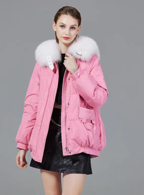 金影奇冬季新款短款羽绒服女休闲大码女装狐狸毛领羽绒外套86210