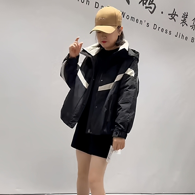 天娇一生水2025新款冬季连帽棉衣宽松大码女装拼色百搭棉服25550