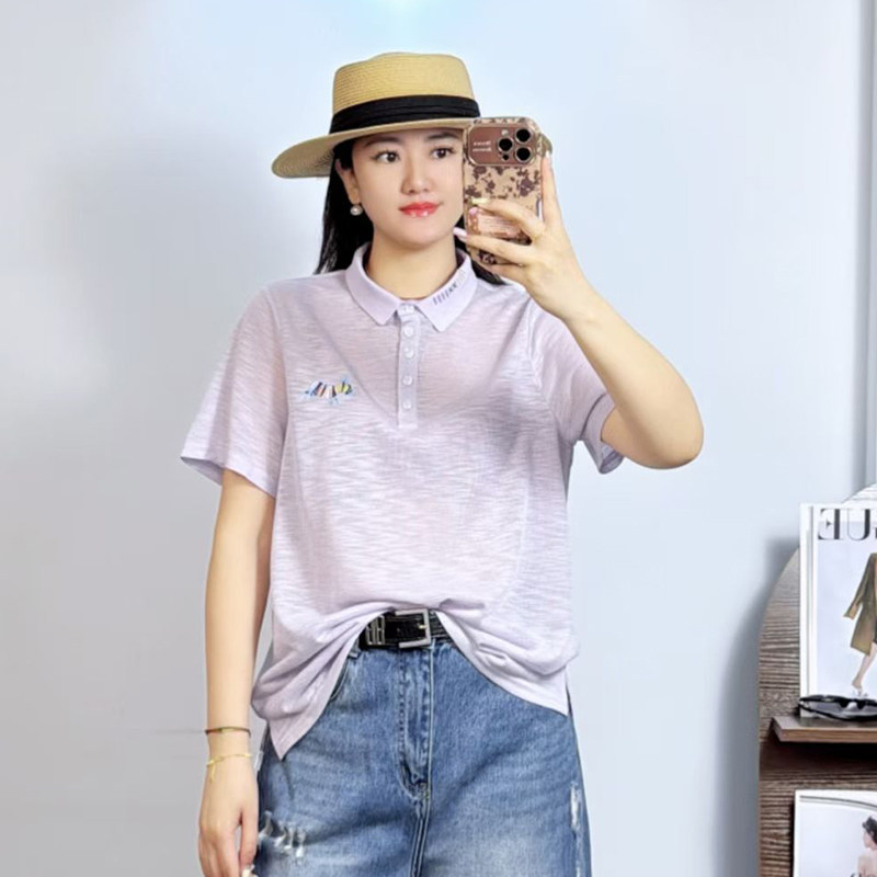 米莱奇2026新款夏季短袖POLO衫女宽松大码针织衫遮肉薄上衣66121