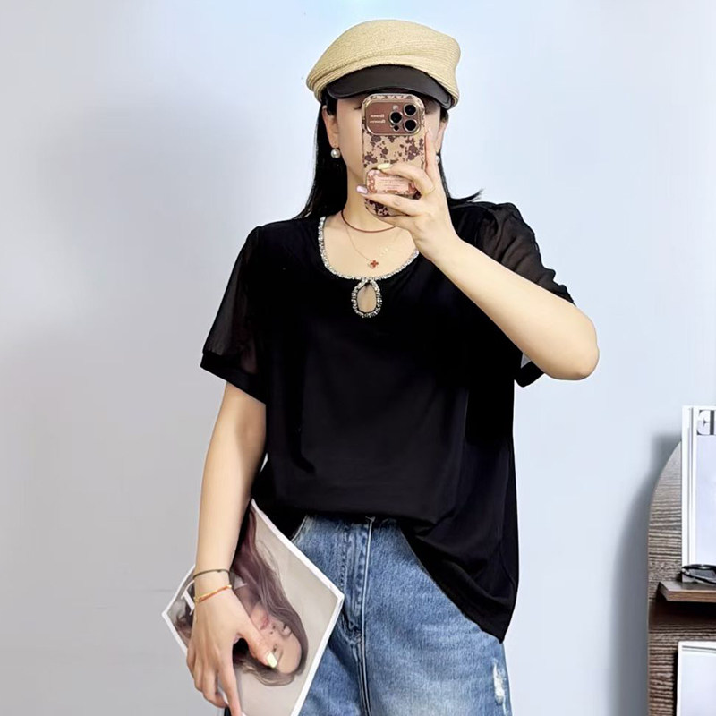 大码女装夏季短袖钉珠报答T恤