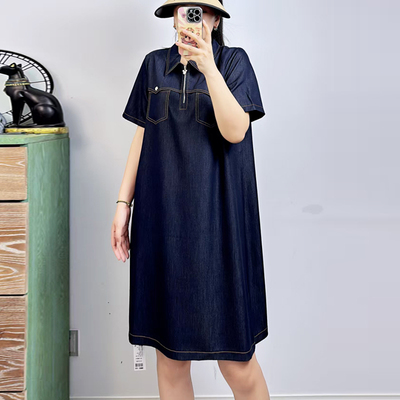 大码女装夏季短袖翻领牛仔连衣裙