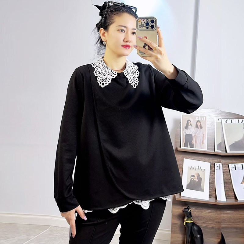 米莱奇2026春季新款蕾丝拼接打底衫女上衣休闲大码Polo领上衣6113