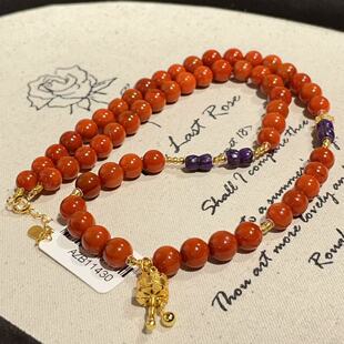 AZB11430 霜矶 南红玛瑙圆珠6mm舒俱来皇家紫并蒂莲项链 45cm