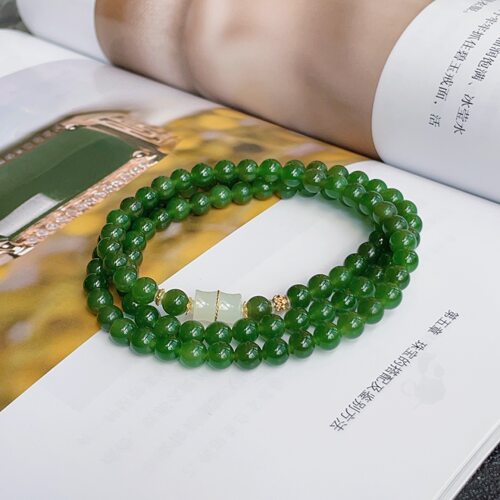 L俄料高阶菠菜绿碧玉和田玉多圈项链18K/6mm/AZB17609