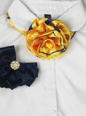 江苏恒丰银行职业装金黄色领花免打丝巾蓝色头花发夹团装配饰设计