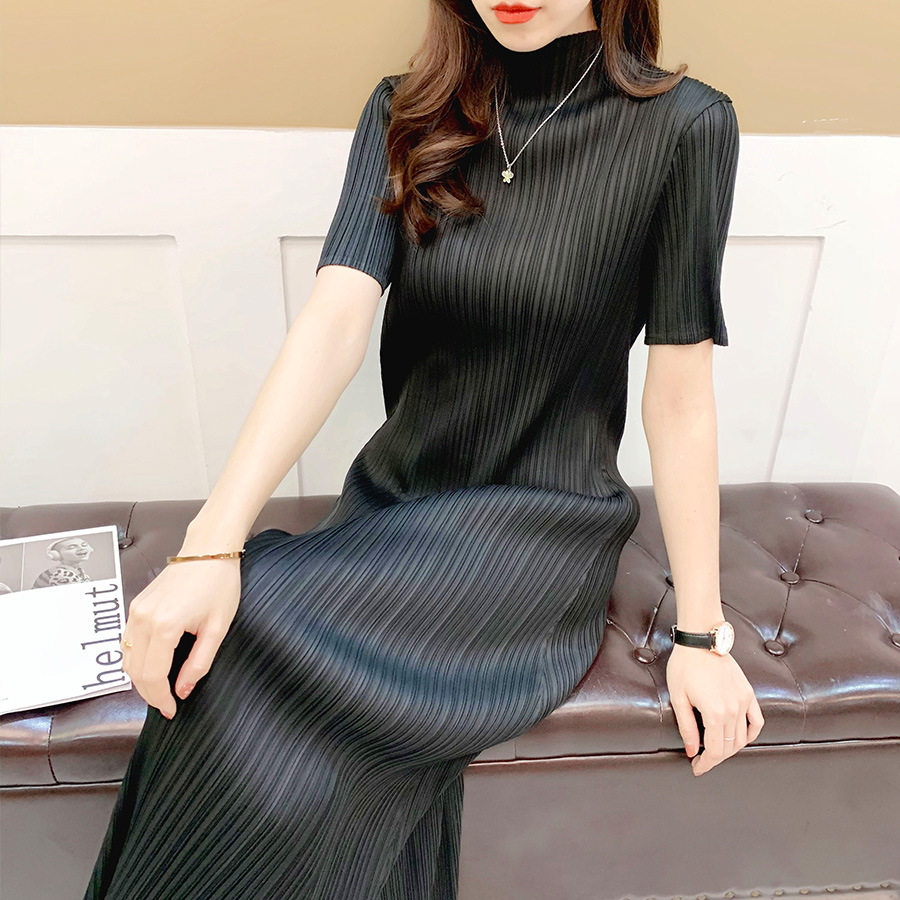 高端连衣裙长款感夏季新款小立领气质新中式褶皱裙子女装新潮优雅