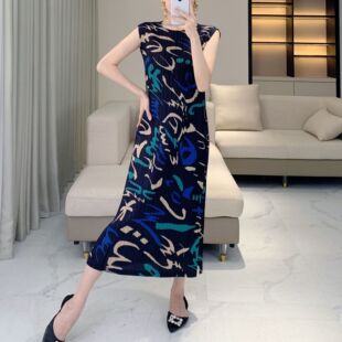 时尚优雅无袖裙子夏季百搭修身显瘦印花打底裙圆领优雅百褶连衣裙
