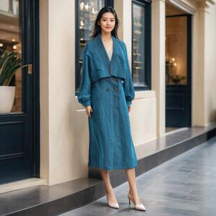 孔雀蓝桑蚕丝香云纱女装风衣年轻款龟裂纹真丝上衣两件套外穿春秋