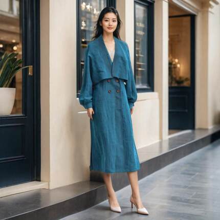 孔雀蓝桑蚕丝香云纱风衣龟裂纹真丝布料上衣两件套定制衣服裁缝